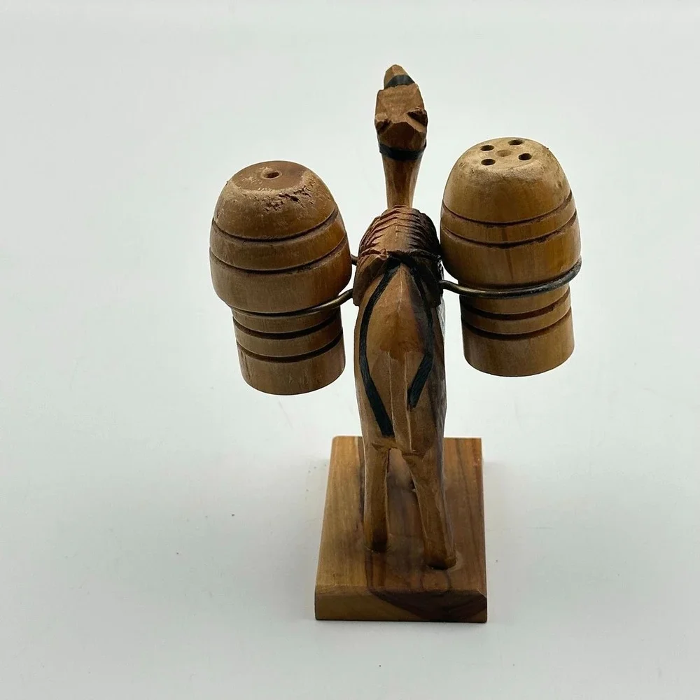 Vintage wooden camel‎ salt and pepper shaker holder